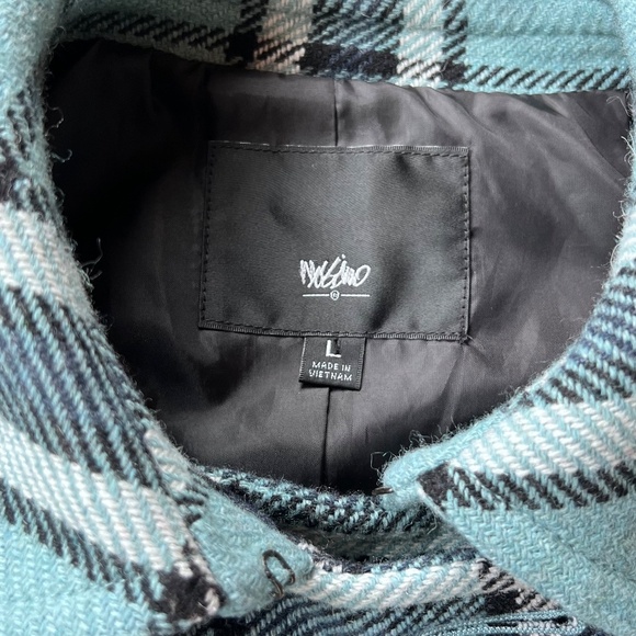 Mossimo Plaid Cape Style Sleeve Wool Blend Pea Coat Sz L Robin Blue - Picture 2 of 12